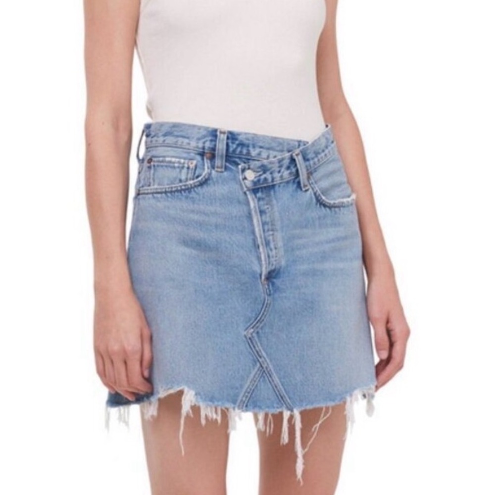 Agolde Light Blue Frayed Criss-Cross Mini Skirt, Sz 30